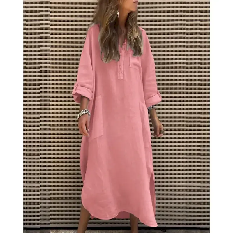 avjblu1749181635595.webp Women's Midi Dress Shirt Dress Classic Modern Outdoor Vacation Holiday Regular Fit Plain Long Sleeve V Neck Pink Purple Khaki Gray Summer - Image 1