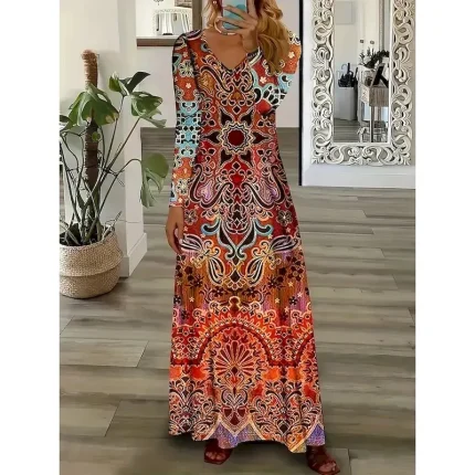 Women's Maxi Dress Sheath Dress Party Casual Boho Daily Date Going out Regular Fit Graphic Paisley Long Sleeve V Neck Pink Purple Orange Green Spring Fall Winter Autumn