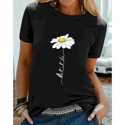 Women's T shirt Tee 100% Cotton Black White Yellow Graphic Daisy Print Short Sleeve Daily Going out Basic Round Neck Regular 100% Cotton Floral S