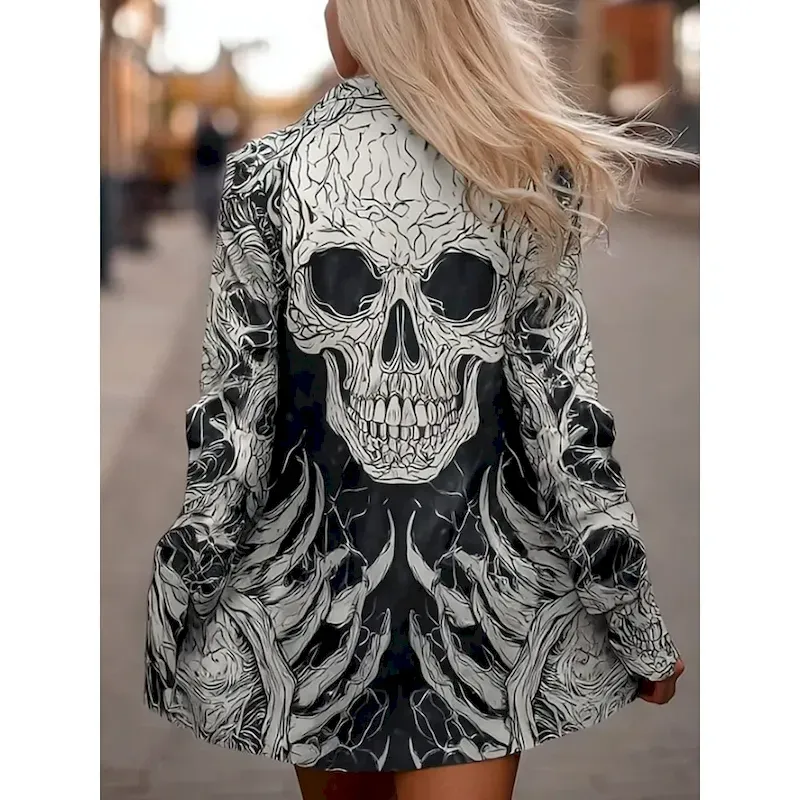 elnhic1757066209731.webp Halloween Women's Coat Lightweight Comfortable Skulls Print Vintage Artistic Casual Skull Casual Long Collarless Regular Fit Long Sleeve Outerwear Black Dark Grey Spring Fall - Image 1