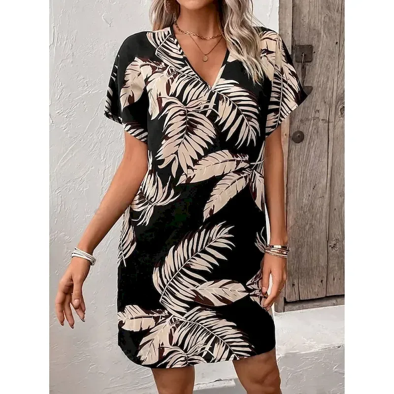 exufrt1736230928396.webp Women's Mini Dress Casual Dress T Shirt Dress Tee Dress Stylish Casual Vacation Daily Regular Fit Leaf Short Sleeve V Neck Black Summer - Image 1