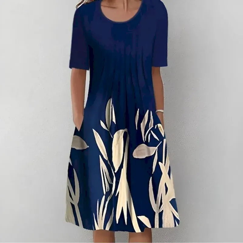 ftkvkf1717126373184.webp Women's Midi Dress Casual Dress Shift Dress Navy Blue Short Sleeve Floral Ruched Spring Summer Crew Neck Basic Daily Vacation Weekend 2023 S M L XL XXL 3XL - Image 1