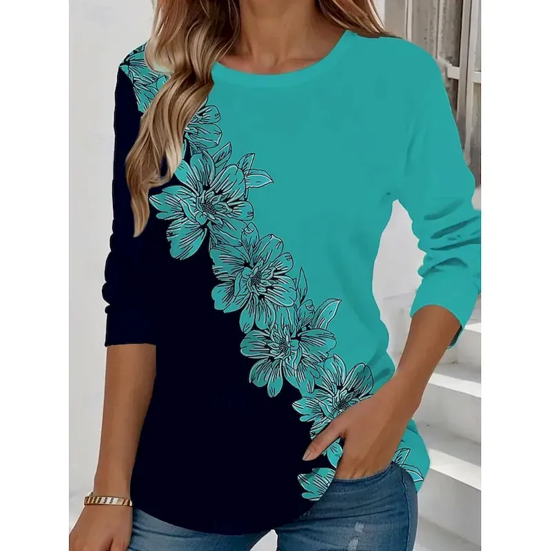 isxpgw1751812456203.webp Women's T shirt Long Sleeve Crew Neck Long Sleeve Tunic Floral Graphic Plants Vintage Stylish Classic Round Neck Regular Tops Daily Weekend Print Yellow Light Green Blue Sky Blue Purple Prefall - Image 1