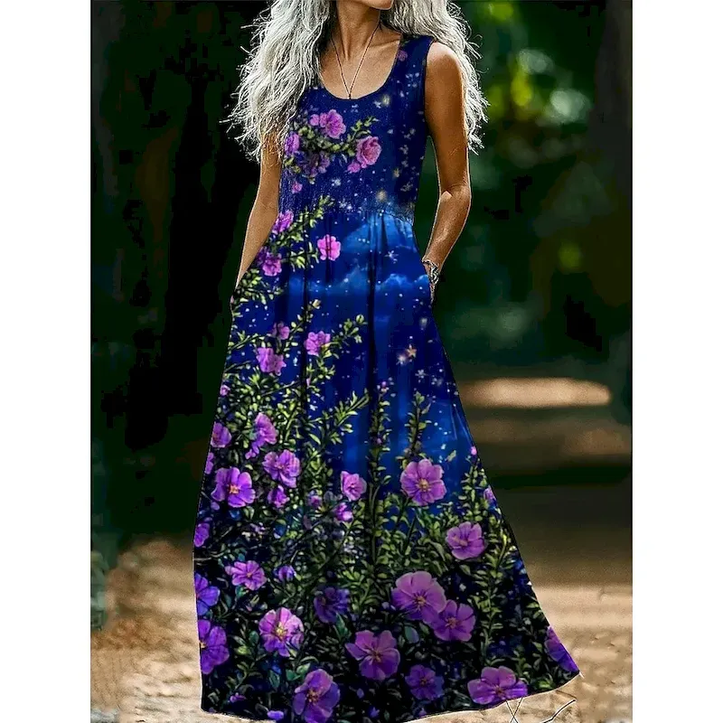 jnyazd1752652667410.webp Women's Boho Floral Art Print Vintage Dress Vacation Casual Going out Beach Regular Fit Floral Graphic Sleeveless U Neck Pink Wine Light Brown Blue Summer Spring - Image 1