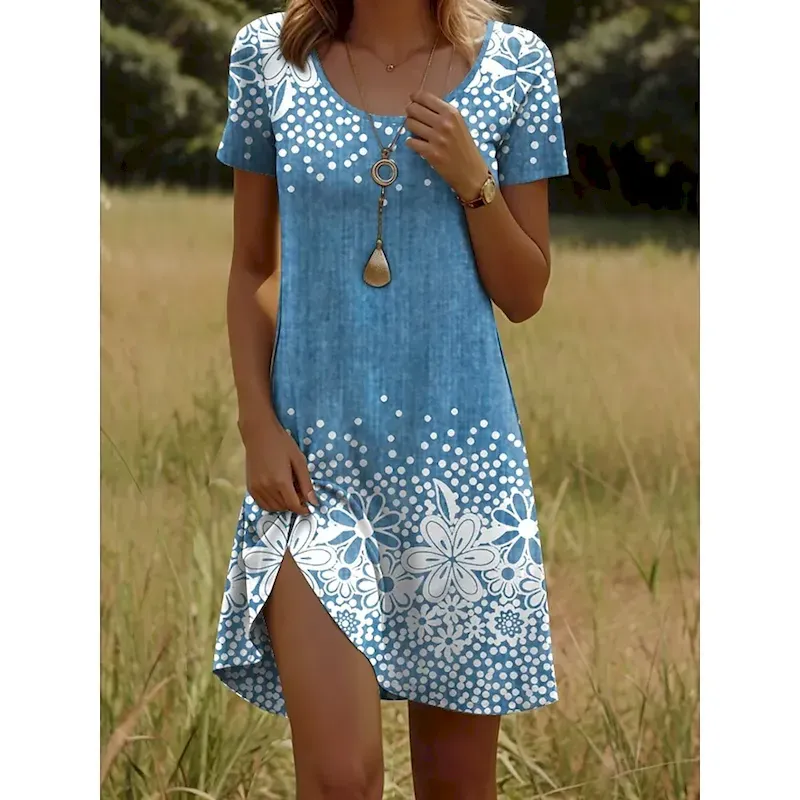 lrvvcw1745913875070.webp Women's Mini Dress T Shirt Dress Tee Dress A Line Dress Summer Dress Casual Holiday Beach Regular Fit Floral Graphic Short Sleeve Crew Neck Blue Purple Green Dark Blue Summer Spring - Image 1