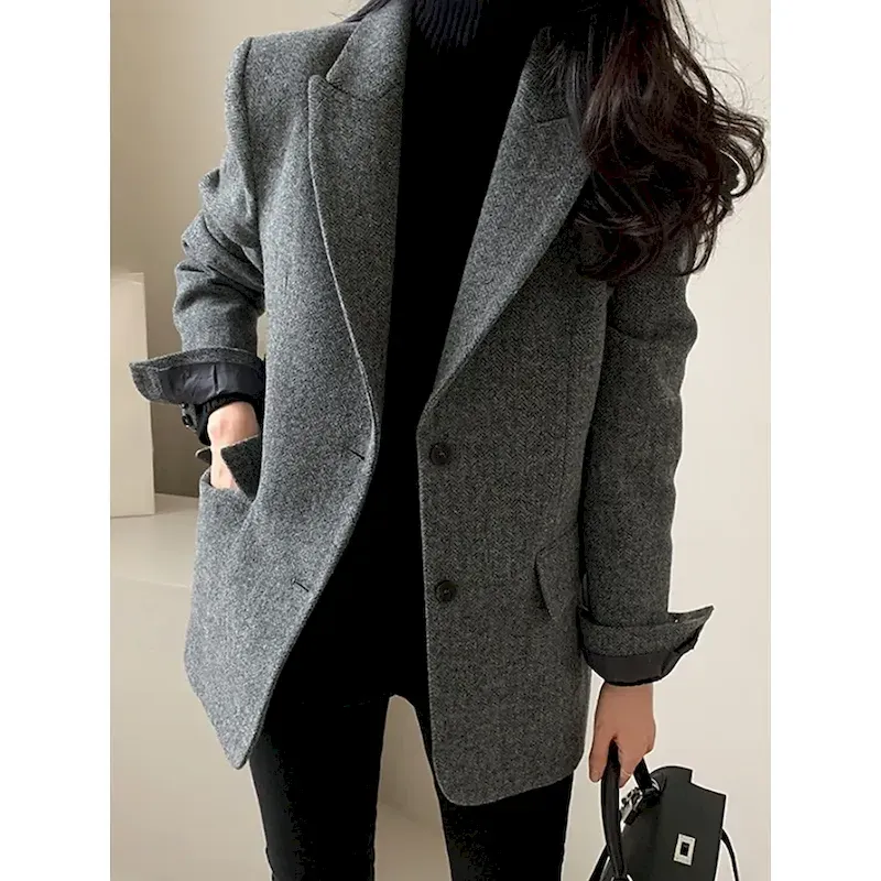myfzwq1734575203453.webp Women's Blazer Warm Breathable Patchwork Pocket OL Style Modern Solid Color Office / Career Going out Regular Turndown Regular Fit Long Sleeve Outerwear Brown Grey Fall Winter - Image 1