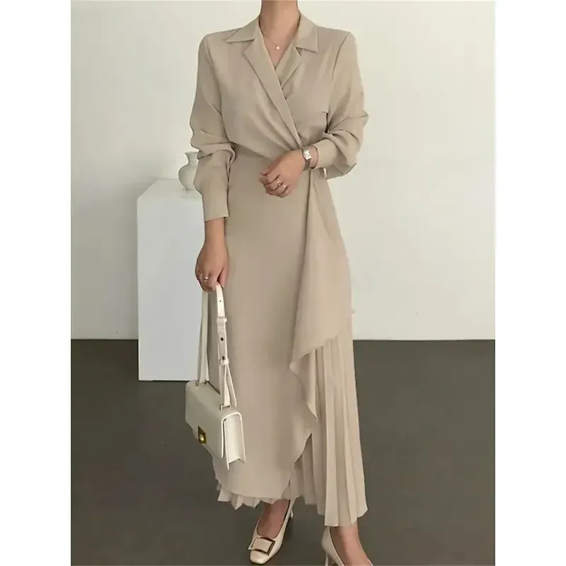 rbzrmc1690460922419.webp Women's Casual Dress Maxi long Dress Pleated Daily Elegant Fashion Shirt Collar Long Sleeve Black Brown Apricot Color - Image 1