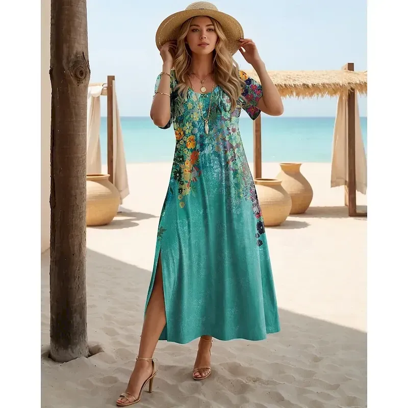 rqsdgp1739944252816.webp Women's Maxi Dress T Shirt Dress Tee Dress Sundress Shift Dress Elegant Vacation Vintage Vacation Party Holiday Regular Fit Floral Vintage Short Sleeve Crew Neck Peacock Blue - Image 1