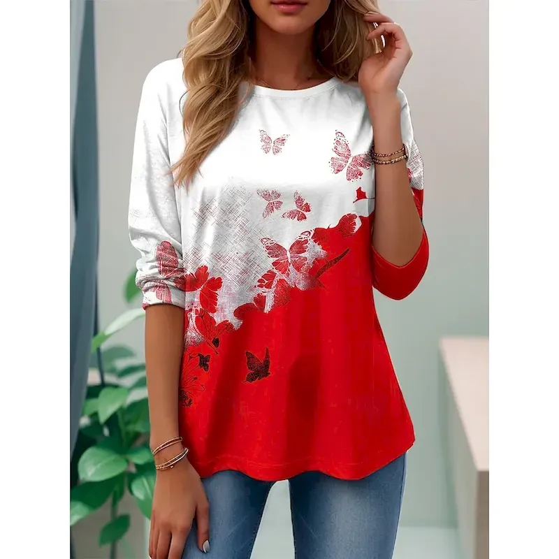 rybngx1750417175219.webp Women's T shirt Long Sleeve Crew Neck Long Sleeve Tunic Graphic Butterfly Plants Vintage Stylish Classic Regular Tops Daily Weekend Print Black Red Purple Brown Green Prefall - Image 1
