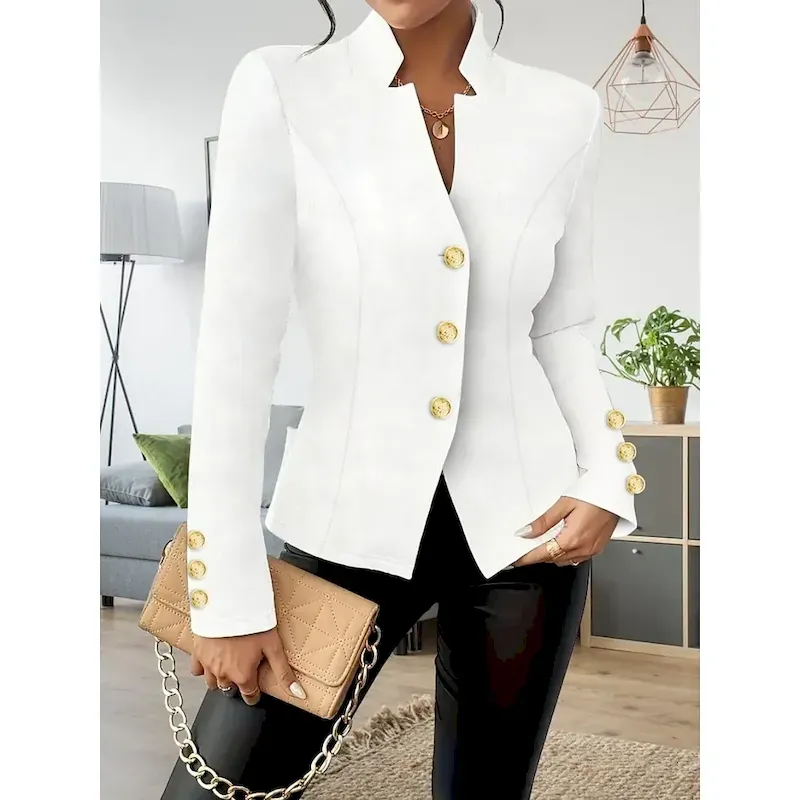 vrgnaw1757899666655.webp Women's Blazer Comfortable Breathable Pocket Buttons Casual Sophisticated Plain Formal Vacation Street Casual Single Breasted Short Stand Collar Regular Fit Long Sleeve Outerwear Black White Red - Image 1