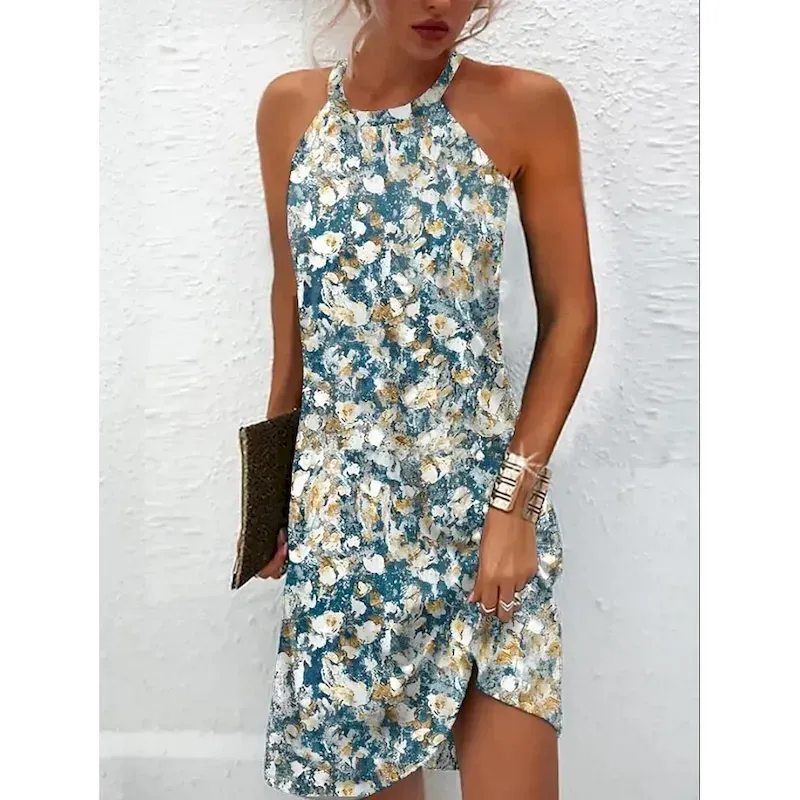 zbhnzb1712832863765.webp Women's Mini Dress Casual Dress Petite Dress Sundress Summer Dress Vintage Ethnic Vacation Cocktail Party Beach Loose Fit Floral Sleeveless Halter Neck Blue Summer - Image 1